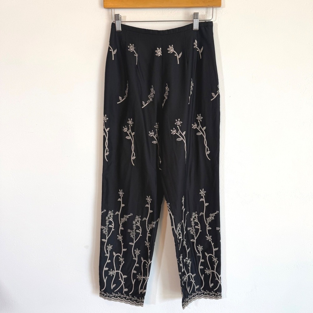 VTG Kay Unger Floral Embroidered Trousers Pants 2 Black Artsy Boho Scallop Hem